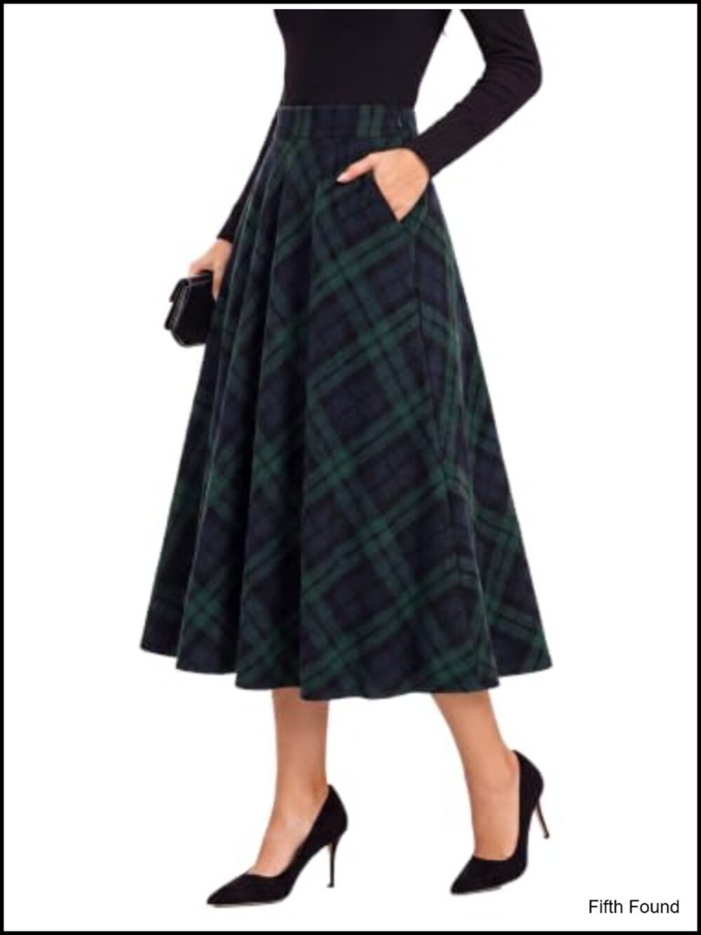 Plaid Midi Skirt High Waisted A-Line with Pockets Polyester